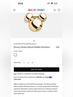 BaubleBar Gold Mickey Mouse Bubble Pendant Necklace NWOT